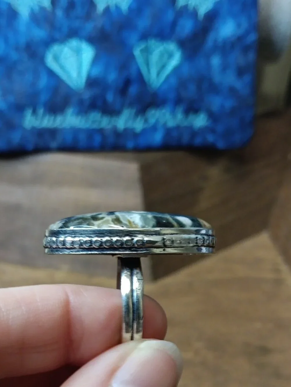 Oval Ocean Jasper Cocktail Ring in Dark Green and Cream